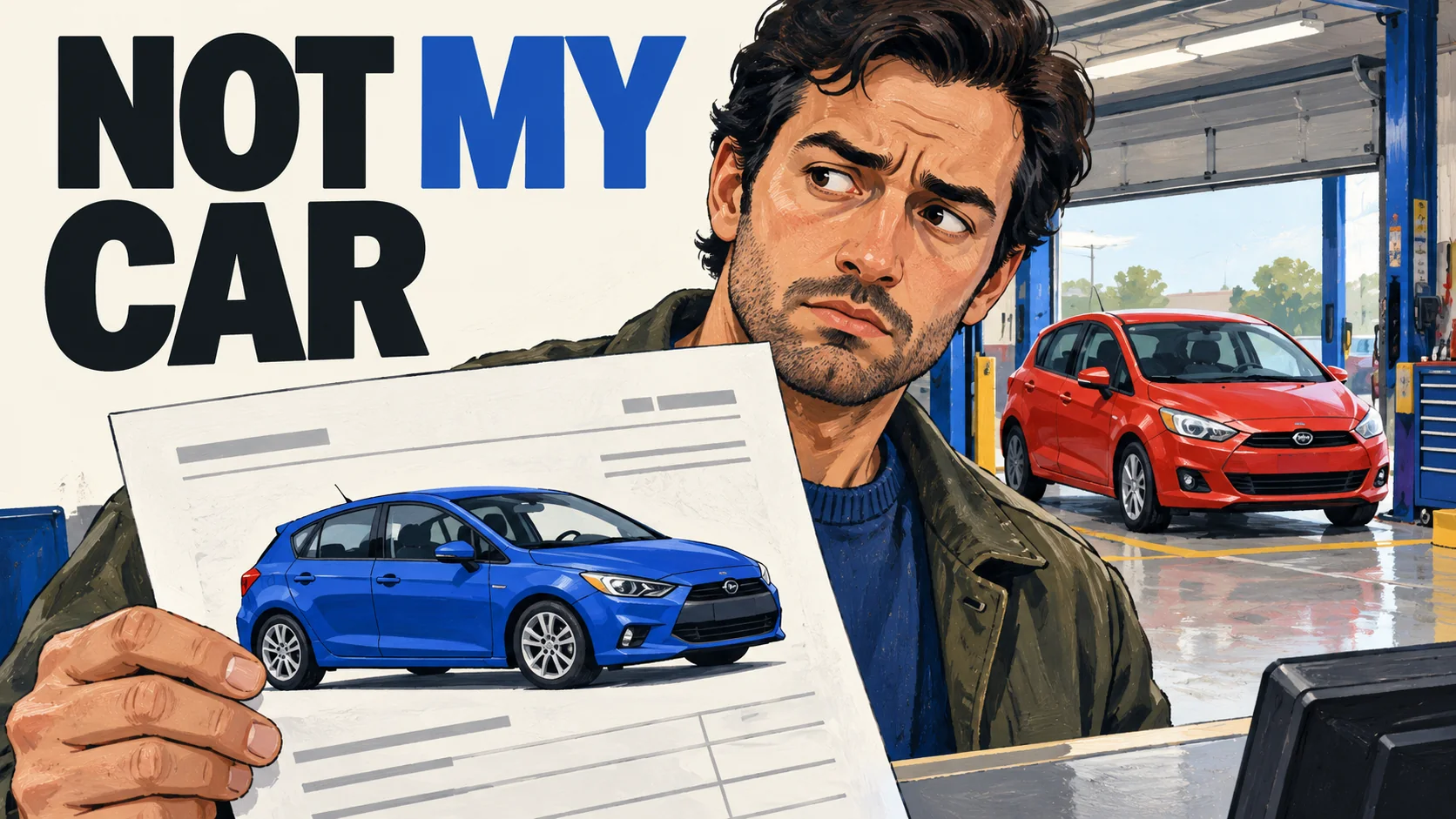A customer holds a service note showing a blue car while a red car is parked behind him. Cover text: Not my car.
