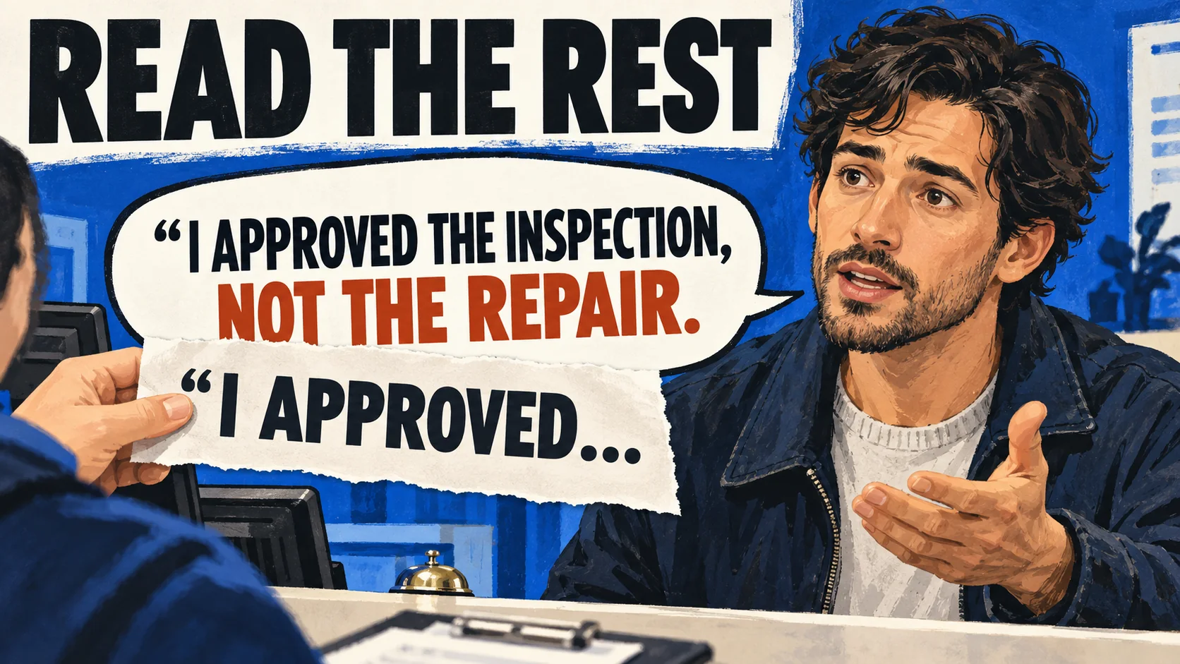 A cropped quote says “I approved...” while the full sentence adds “the inspection, not the repair.” Cover text: Read the rest.