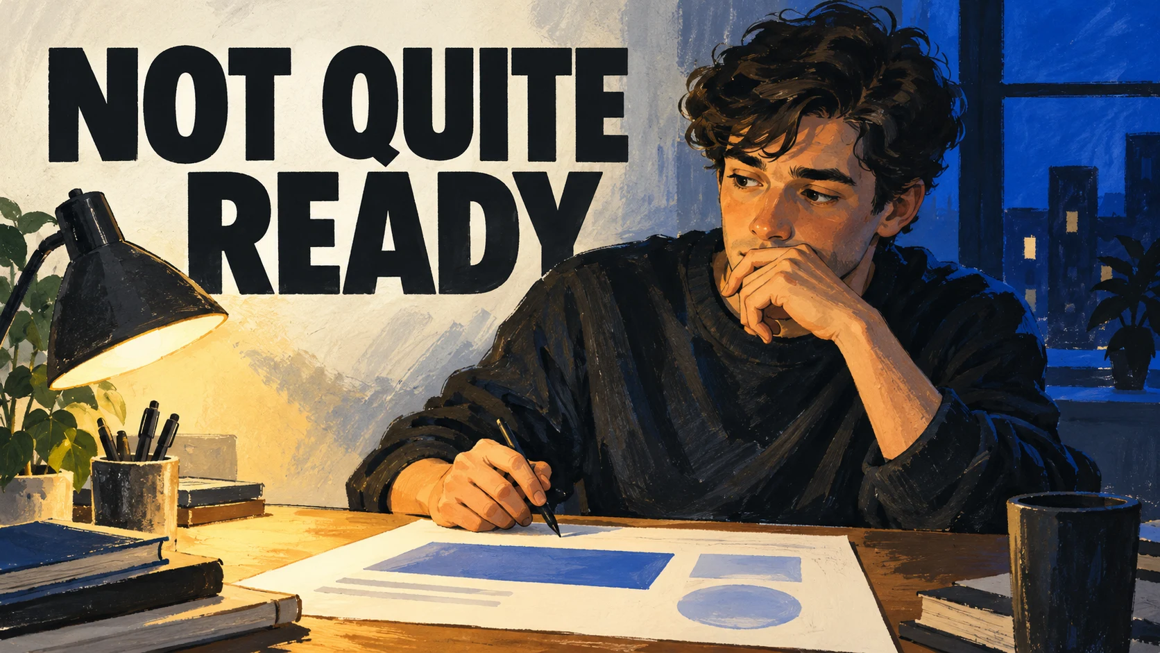 A man hesitates over a nearly finished page under a desk lamp, beside the words “Not quite ready”.